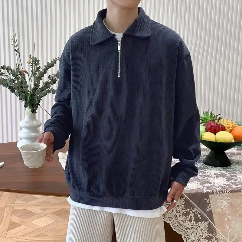 Polo T-Shirts For Men Fashion Versatile Casual Solid Color Sweater Jacket Zip Long Sleeved Loose Fitting Shirt Autumn 241106
