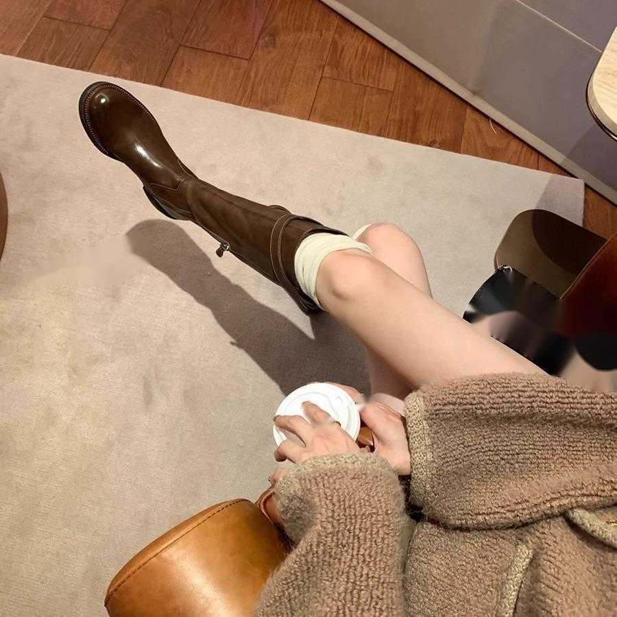 Washed Horse Skin Round Head Thick Heel Tall Leg Straight Long Barrel Knight Boots Women Autumn Winter