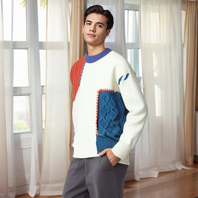 2024 Autumn Winter Warm Sweaters Patchwork Pullovers Korean Style Round Neck Knitted Sweater Men Women Fashion Knitwear 241106
