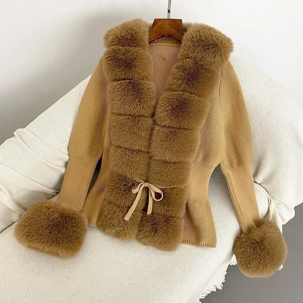 Faux Fur Coat Patchwork Knit Knitted Cardigan Detachable Collar Jacket Sweater Bandage Autumnwinter Womens 241104