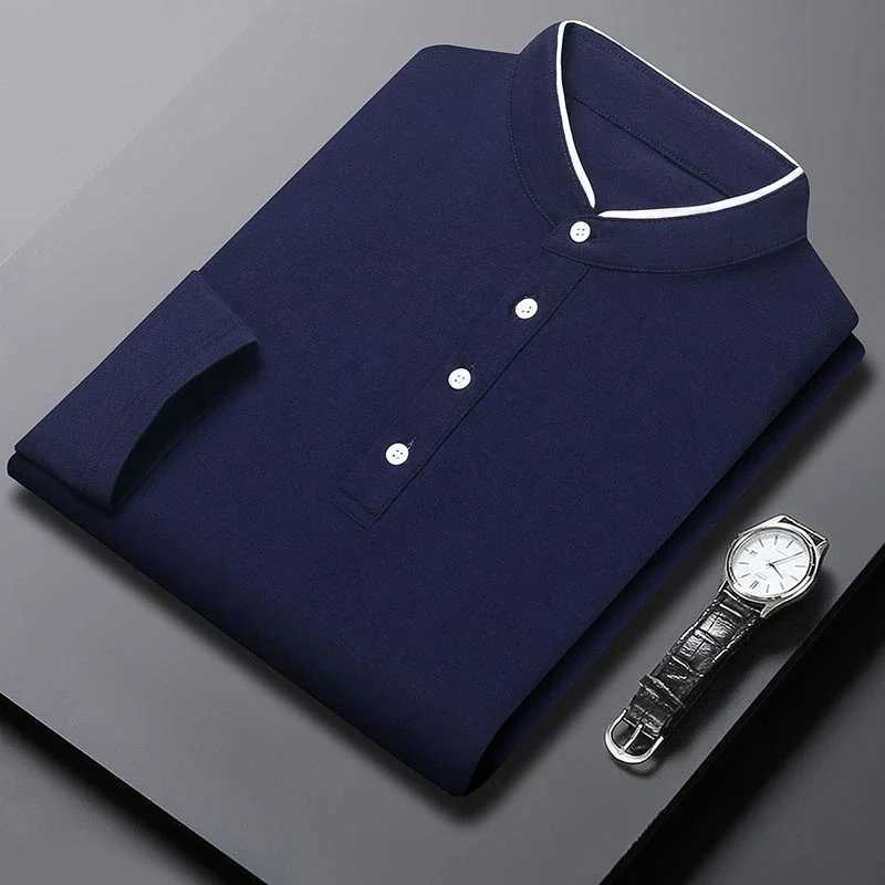 New mens business casual long Sved solid color cotton stand up collar shirt fashionable and breathable Versatile top W241106