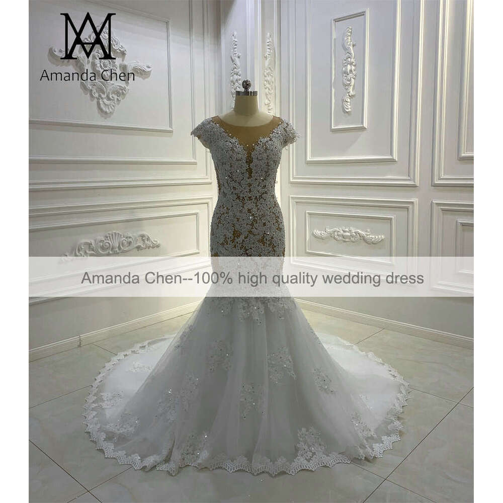 bruidsjurken Cap Sleeve Lace Appliques Crystal Mermaid Wedding Dress
