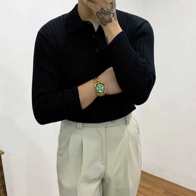 Autumn Long Sve Knitted Mens Fashion Ribbon Solid Color Ultra Thin T-shirt Knitted Mens Casual Button Collar Zipper W241106