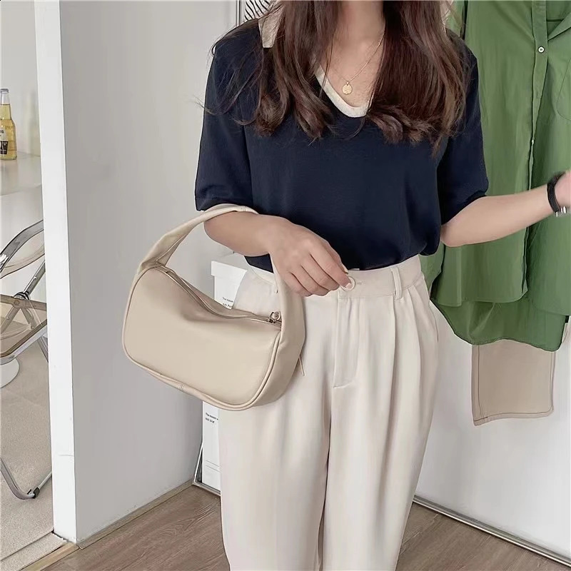 Solid color simple fashion soft leather handbag all-around bag submission date daily armpit bag small garbage bag 241105