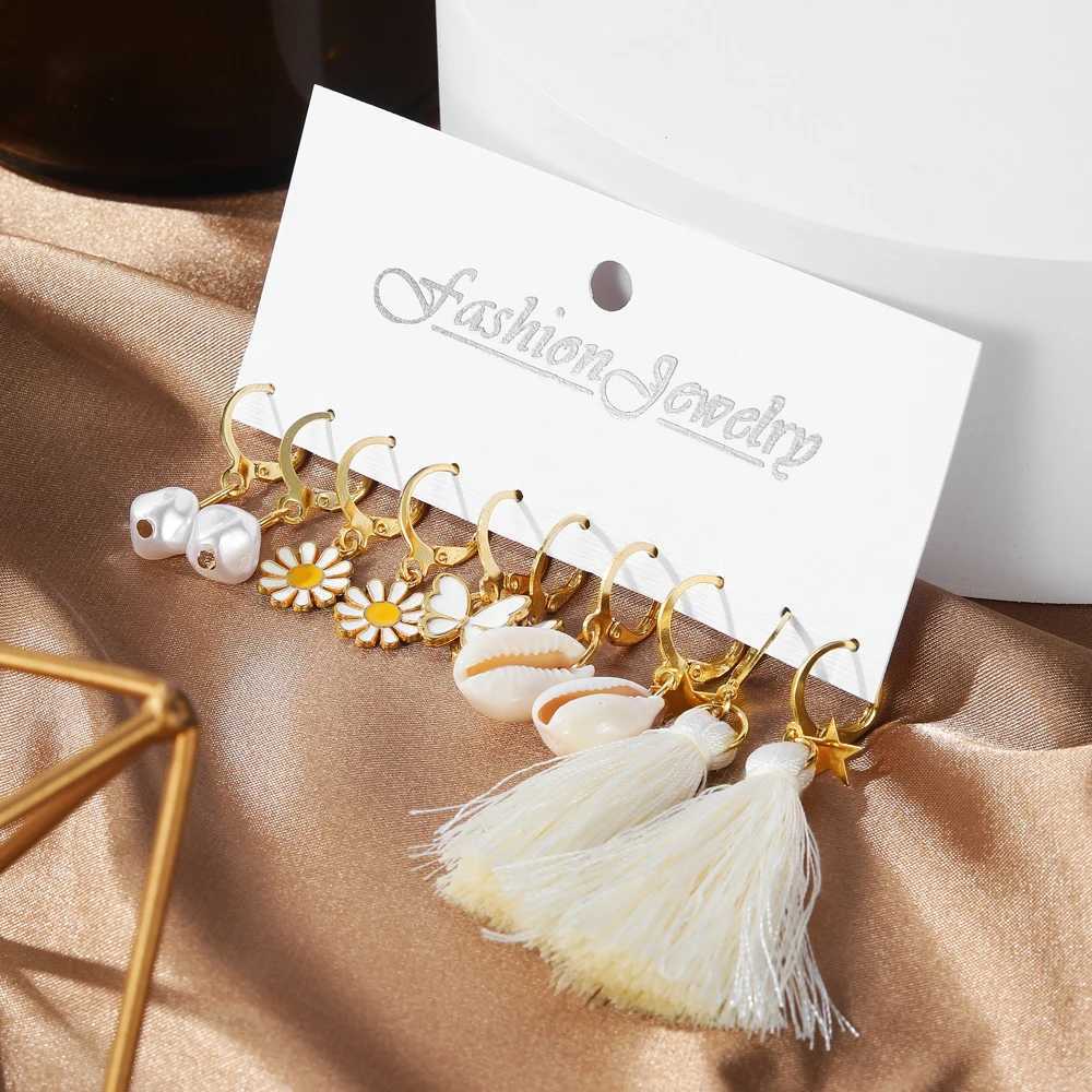 Vintage Daisy Pendant Earring Set with Pearl Pendant Tassel Round Pendant Earrings Poetic Trendy Jewelry X241106