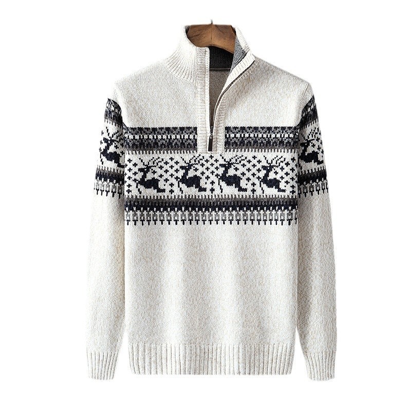 Men Autumn New Casual Jacquard Warm Half Zip Christmas Sweater Cardigan Jacket Men Winter Vintage Mock Neck Sweater Pullover Men 210930