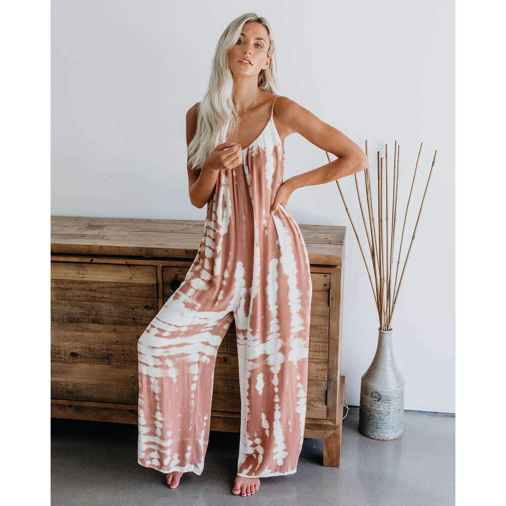 2024 New Summer Women's Jumpsuit Suspender Sexy Wide Leg Casual Printed Pants