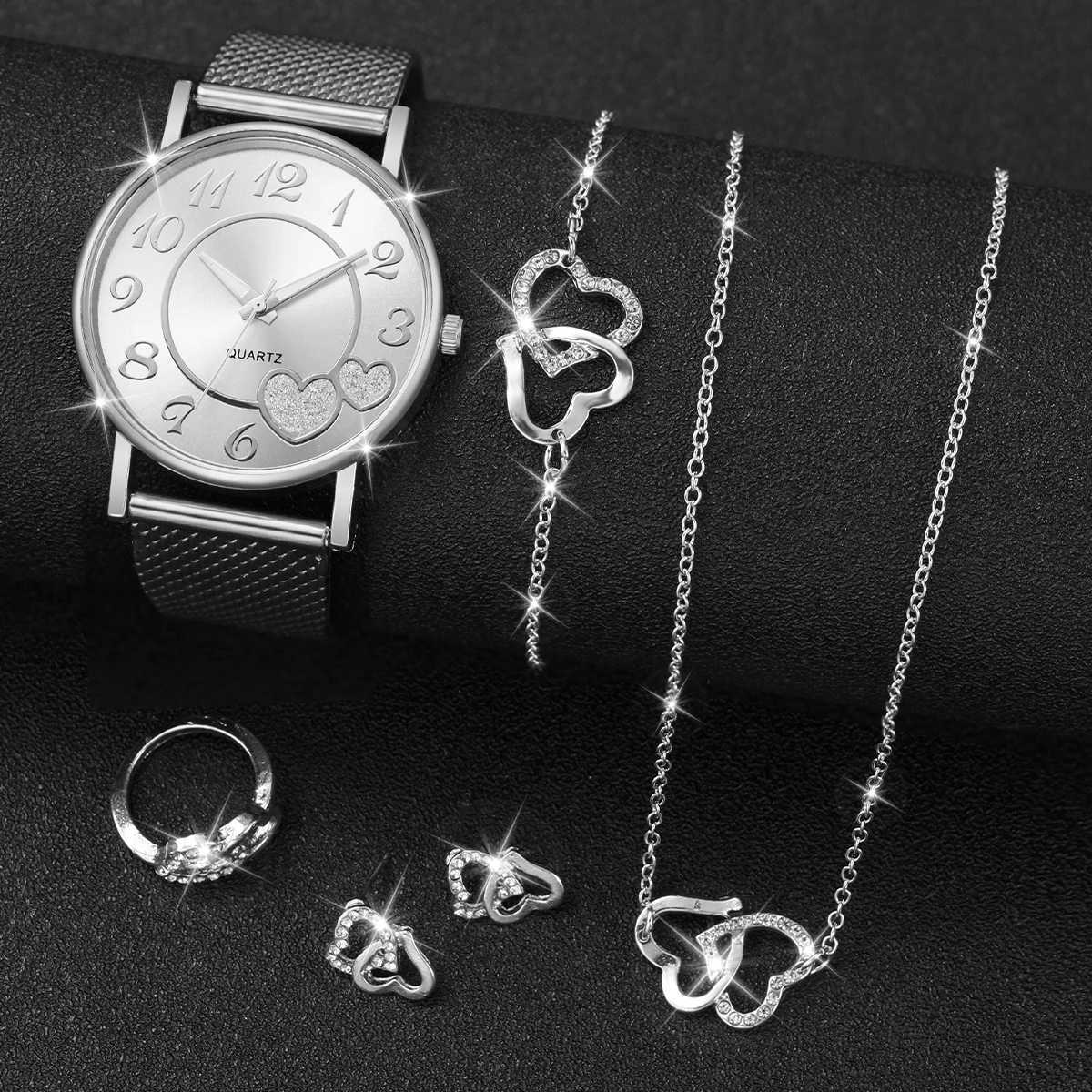 6-piece/set fashion dial thermometer plastic strap quartz watch rhinestone jewelry set (frameless) X241106