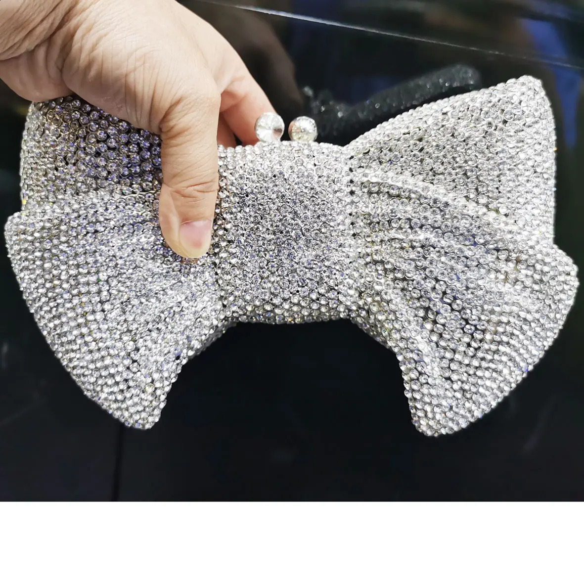 KHNMEET Novel Bow Clutch Crystal Night Bag Silver Bow Water Diamond Womens Handbag Wedding Party Wallet SM95 241031