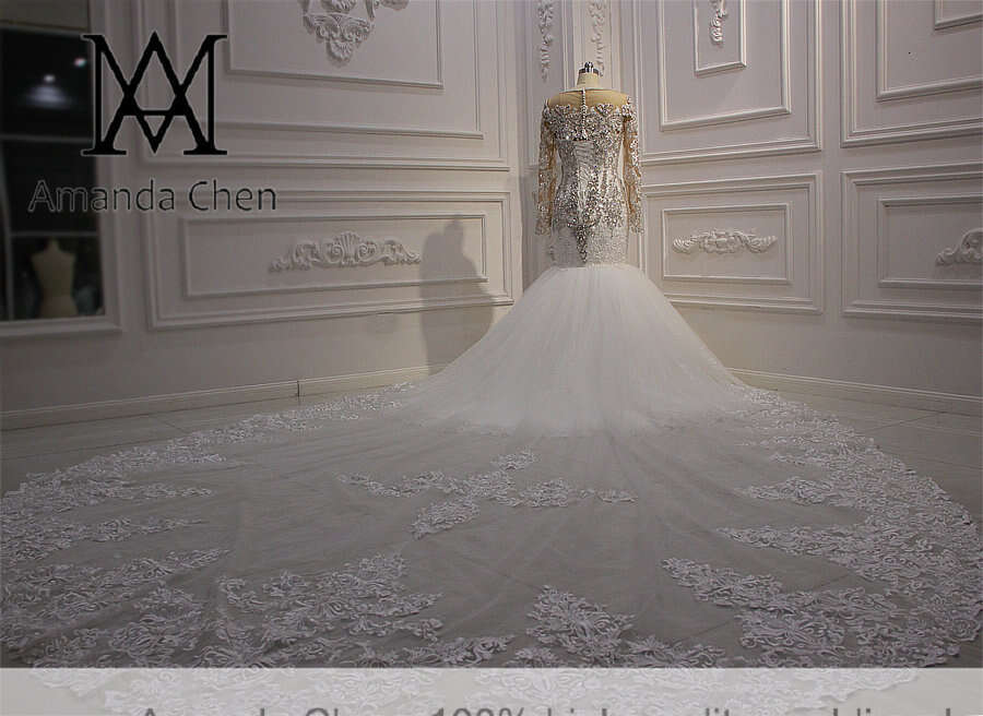 mariage Long Sleeve Lace Appliques Crystal Mermaid Wedding Dress