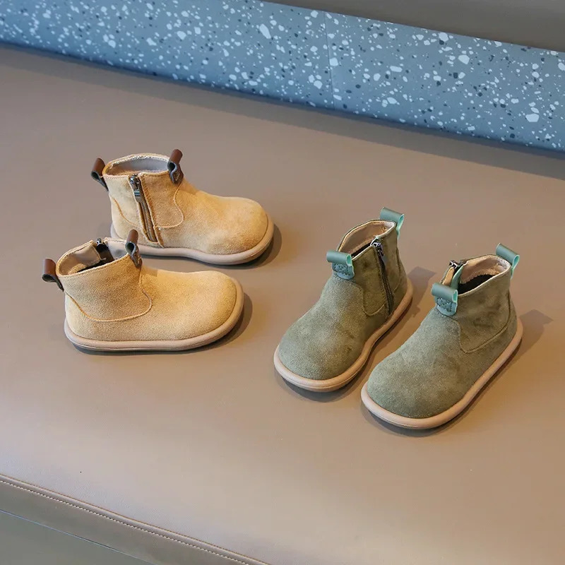 Children Boots Autumn Winter Kids Warm Fur Shoes Vintage Style Toddler Boys Girls Soft PU Leather Ankle Boots Yellow Green 241106