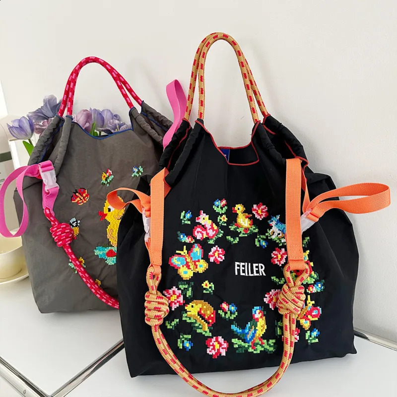 Draw String handbag Oxford fabric embroidered handbag reusable nylon handbag foldable shoulder bag foldable shoulder bag 241105