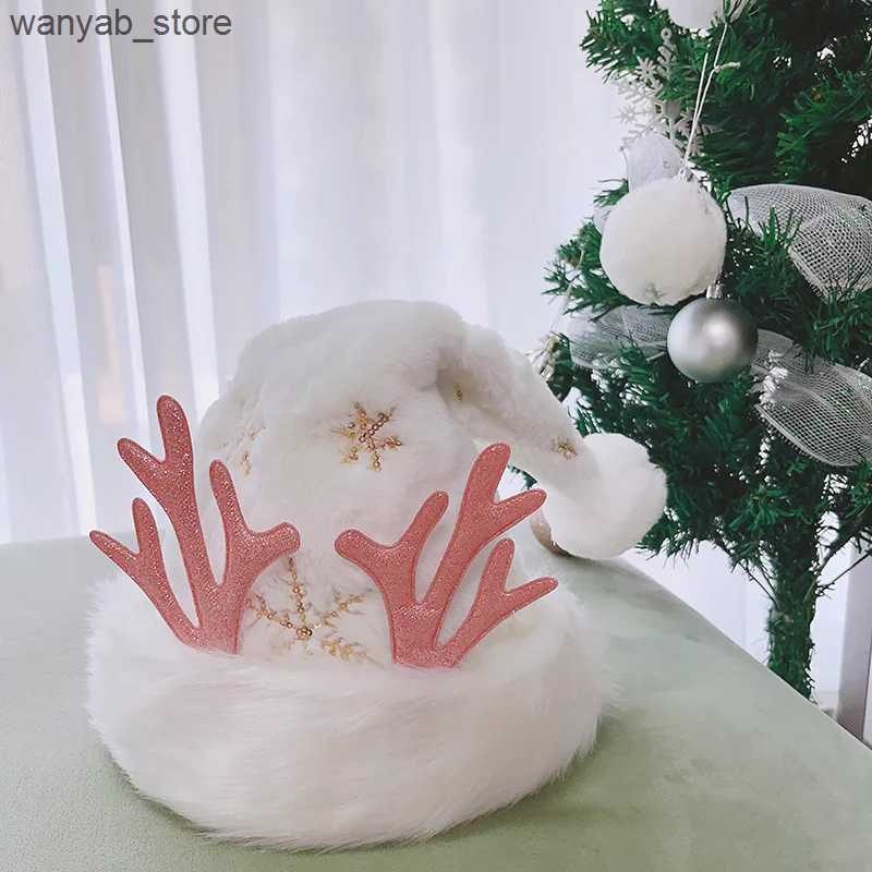 Wide Brim Hats Bucket Hats Plush Christmas Hats for Adults Glitter Snowflake Embroidered Santa Claus Hat with Antlers L240910