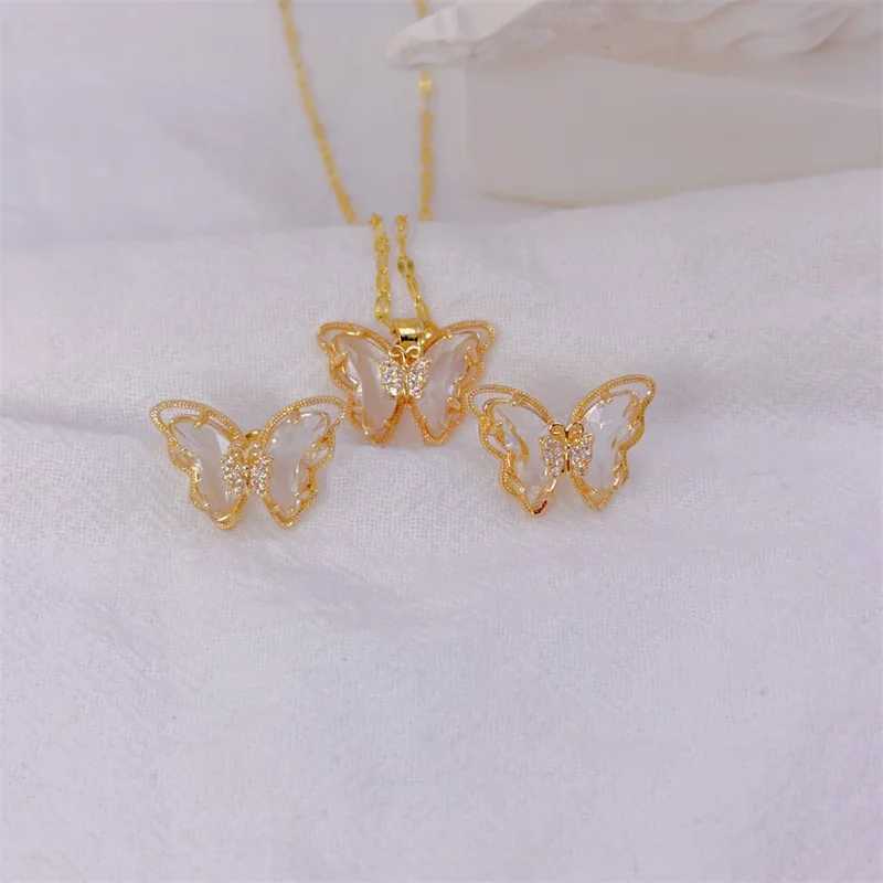 Fashionable and cute micro inlaid necklace earring set classic light luxury transparent stainless steel X241106