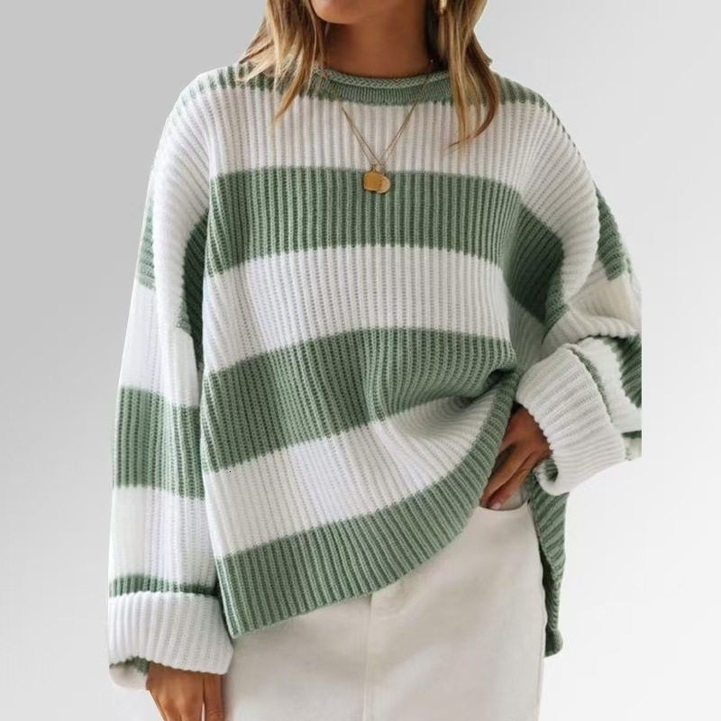 2025 Autumn And Winter Round Neck Long Sleeved Striped Knitted Shirt For Women Flared Sleeve Loose Sweater Woolen Sweater