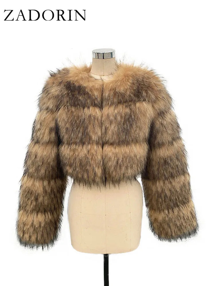 ZADORIN High Quality Cropped Faux Raccoon Fur Coat Women Winter Fashion O Neck Long Sleeve Fluffy Short Jacket Crop Top 241104