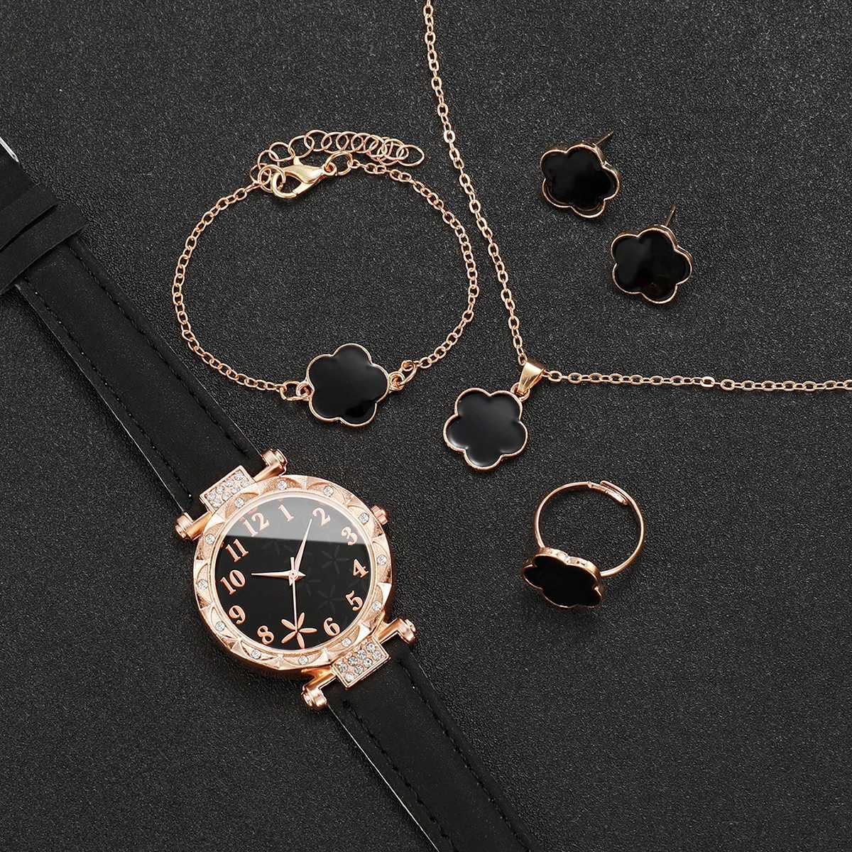 6-piece/set Warm Sweet Wind Watch Set Fashion Flower Series Leather Quartz Watch Bracelet Set X241106