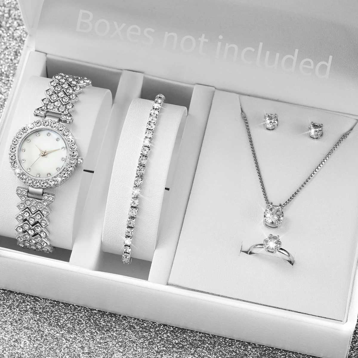 6-piece/set Wens Fashion Watch Luxury Synthetic Diamond Set Stainless Steel Quartz Watch Bracelet Ring Earring Set X241106