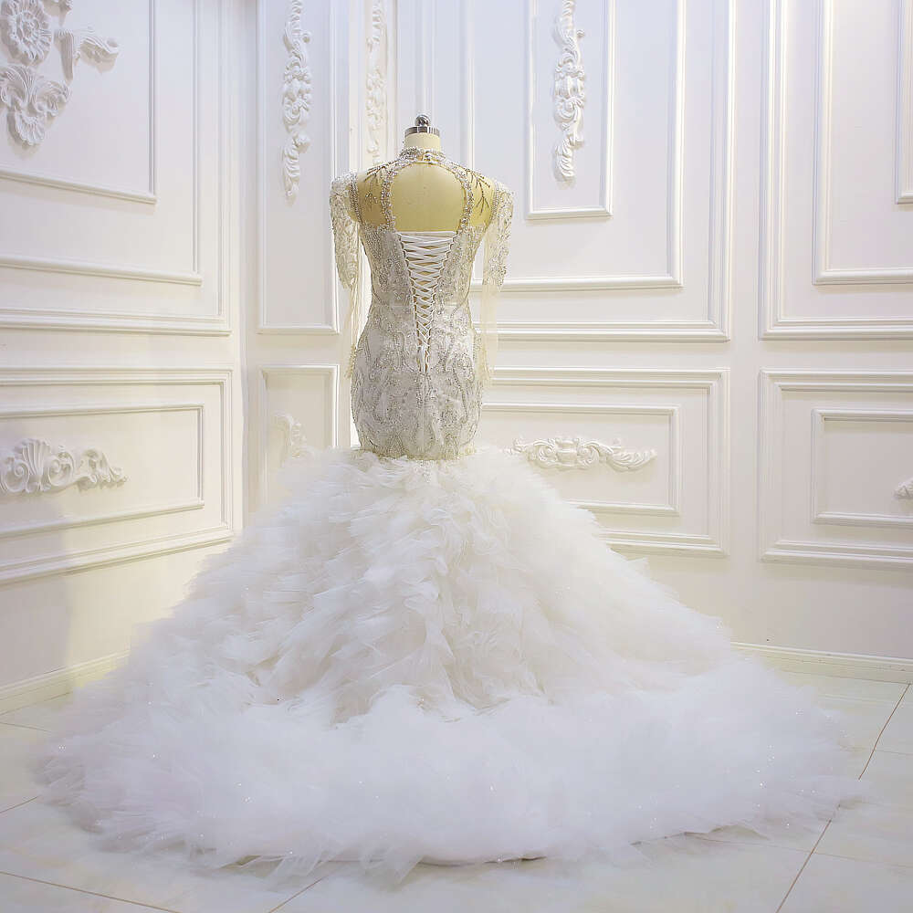 Heavy Beading High Neck Long Sleeve Ruffles Mermaid Wedding Dress
