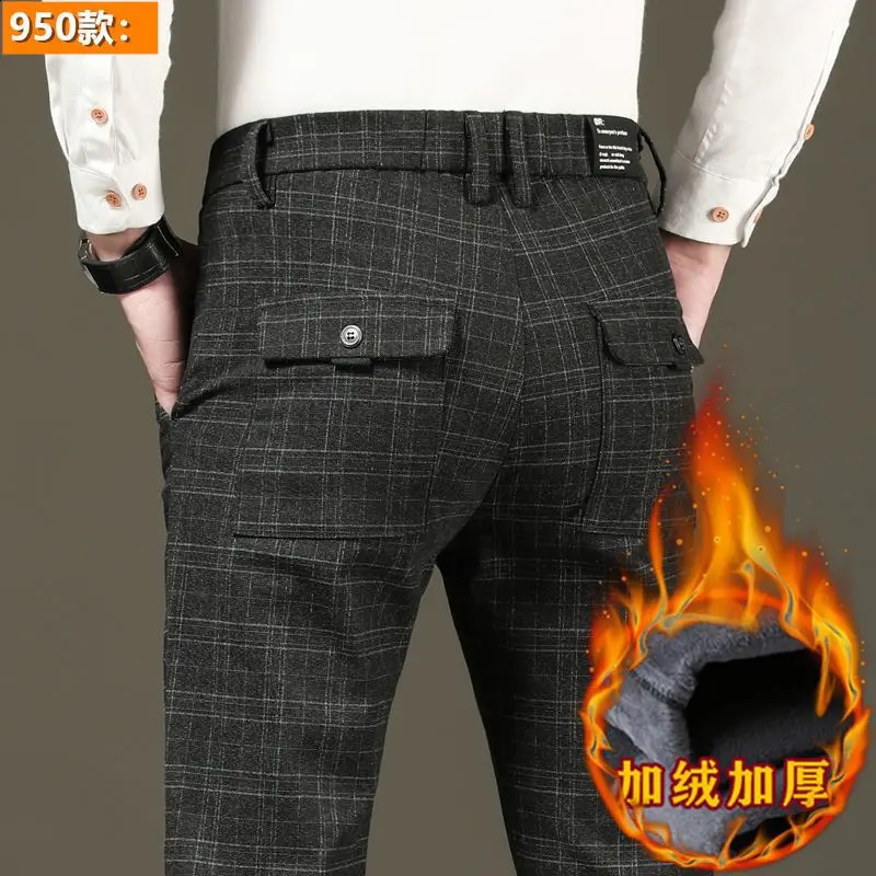 Thick and plush casual pants for men slim fit straight leg Korean style trendy versatile elastic checkered long 241104
