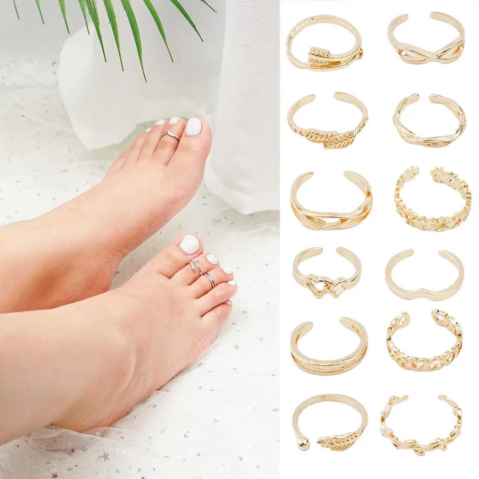 12 piece open adjustable toe ring wave pattern alloy adjustable ring set Warm Beach Foot Jewelry 12 piece set X241106