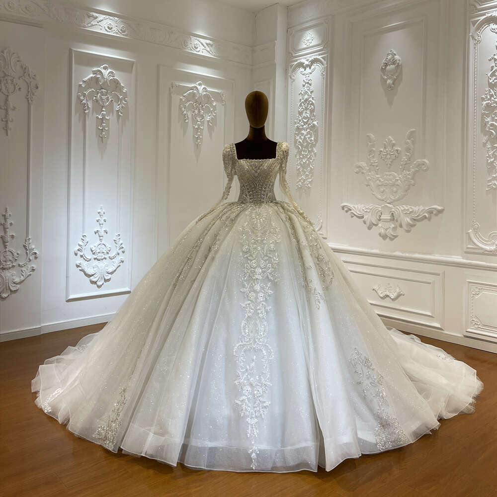 Customized Square Neck Full Lace Long Sleeve Bridal Ball Gown Wedding Dress