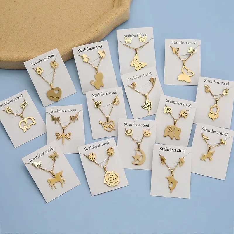 30 sets/batch of stainless steel gold colored flower cat pendant chains necklaces earrings grammar jewelry sets X241106
