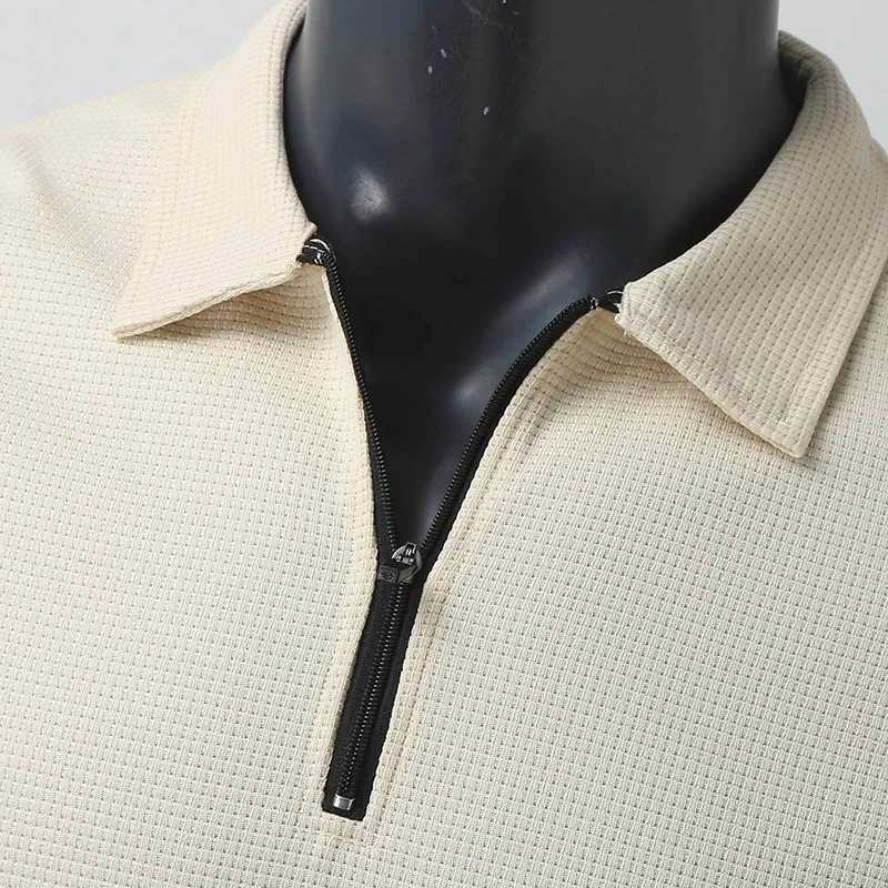 Summer mens solid color shirt long Sve collar zipper T-shirt mens casual T-shirt wearing new mens top W241106