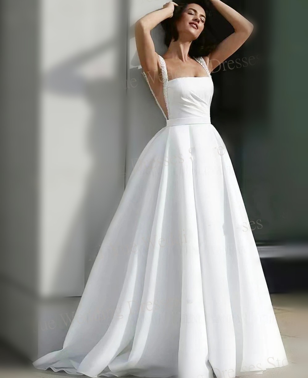A-E Wedding Sexy Dress 2025 Spaghetti Straps Backless Pearls Beads Satin Bridal Bride Gown Robe Mariage Vestidos De Novia Customized