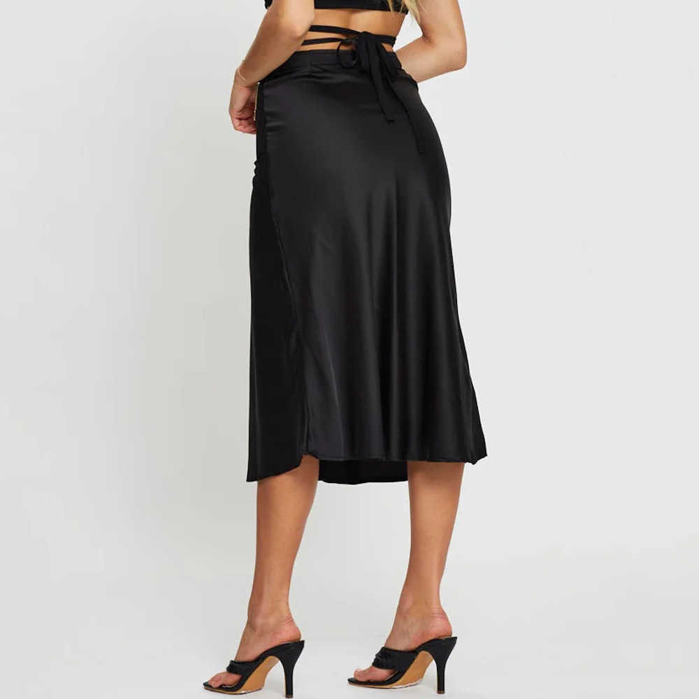 Women Vintage Ruffle Skirt Spring Skirt With Zipper Fishtail Dress Lace Side Up Black Length Adult Skirts Solid Color Slit Mid Length Skirt 241023