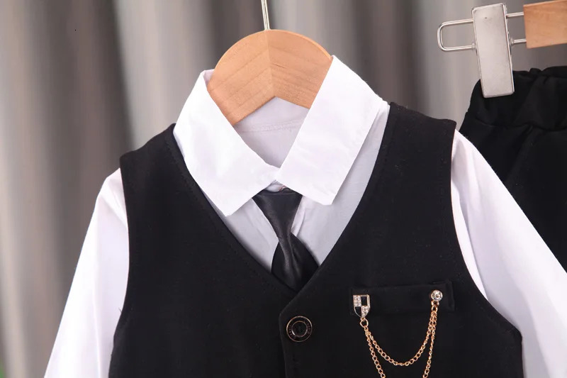 boys solid color childrens gentleman suit wear baby chain vest Tie Shirt three piece formal evening fashion dres 241106