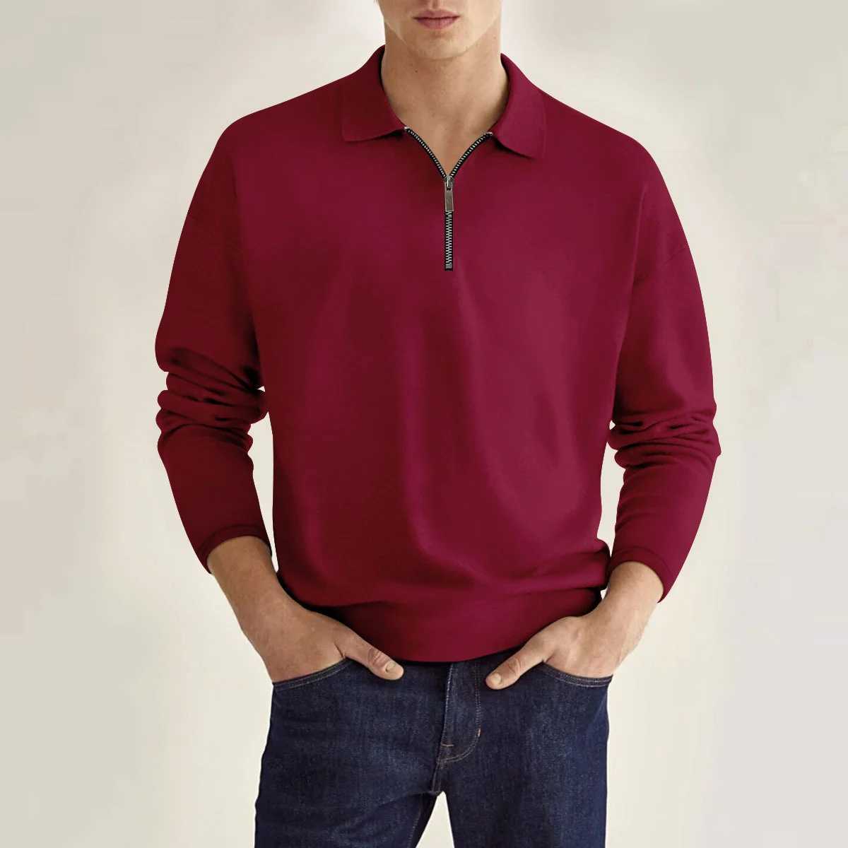 Spring and Autumn Classic Mens Daily Casual Preparatory Style Solid Color Zipper Decoration Loose Collar Long Sved Shirt W241106
