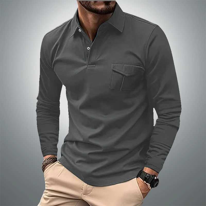 Spring/Summer Mens Long Sved Business Shirt Casual Collar Pocket Solid Color T-shirt European and American Plus Size W241106