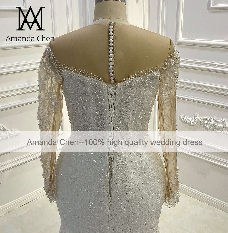 robes de mariage Long Sleeve Pearls Handwork Low Cut Wedding Dress