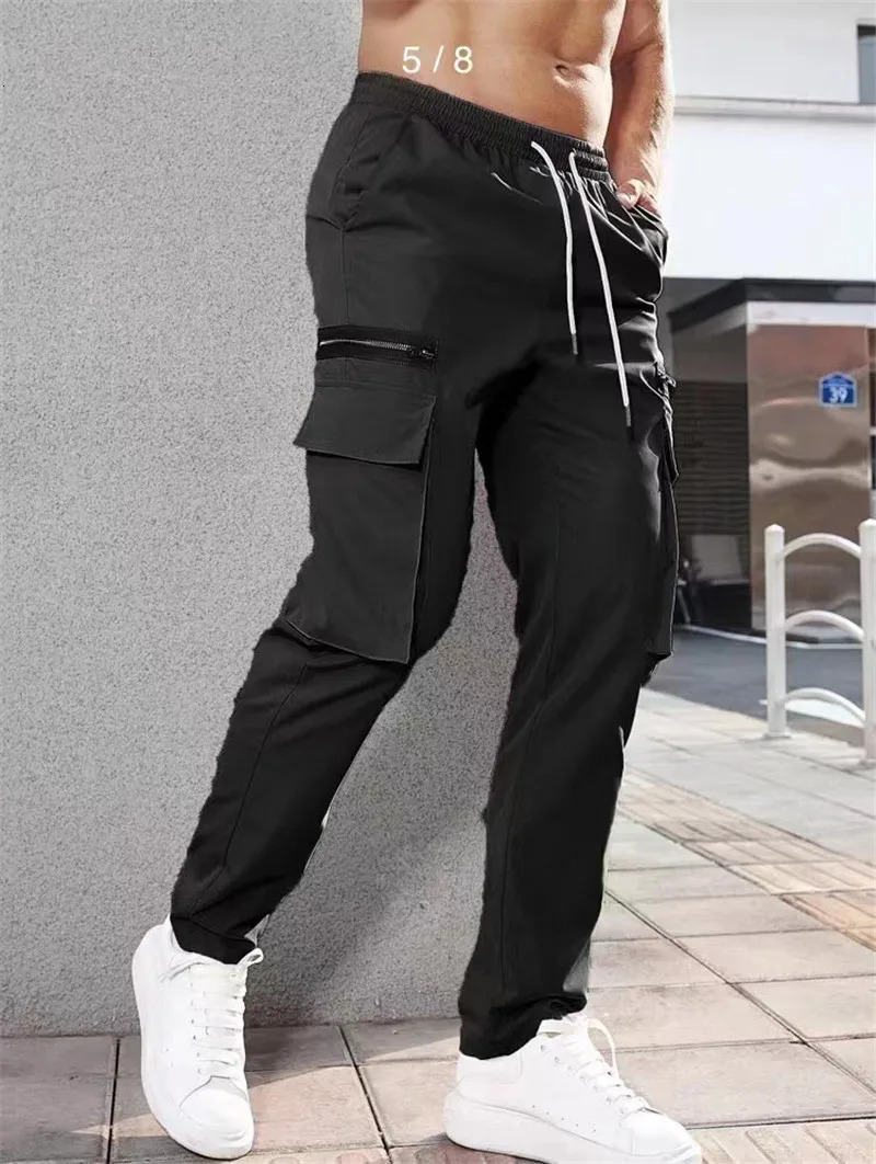 spring autumn Wearable men cargo Pants Drawstring sports Multi Pocket Mens sweatpants Quick drying solid color men trousers 241106