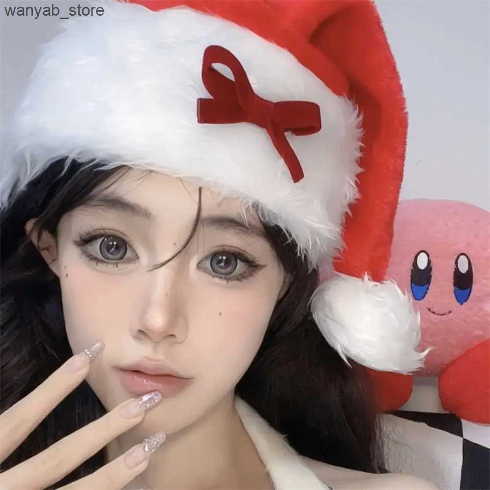 Wide Brim Hats Bucket Hats Warm Black Christmas Plush Hat Cloth Accessories Cartoon Plush Ball Soft Beanie Muffler Bow Santa Hat Boy L240910