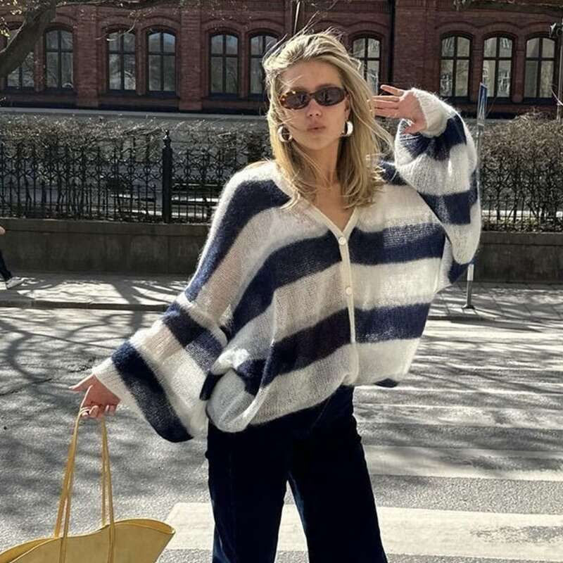 Talenza Women's Autumn V-Neck Scarf Knitted Loose Warm Casual Single-Breasted Striped Cardigan Sweater