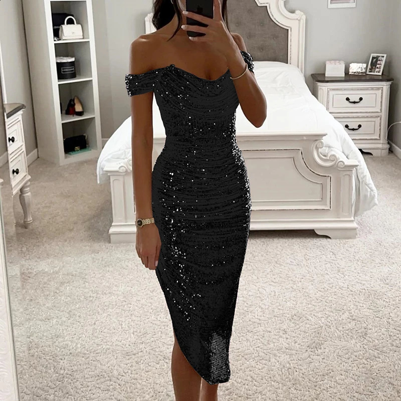 Sexy Asymmetrical Shinny Glitter Fold Long Dress Elegant Solid Winter Banquet Dress Women One Shoulder Bodycon Party Dress 241105