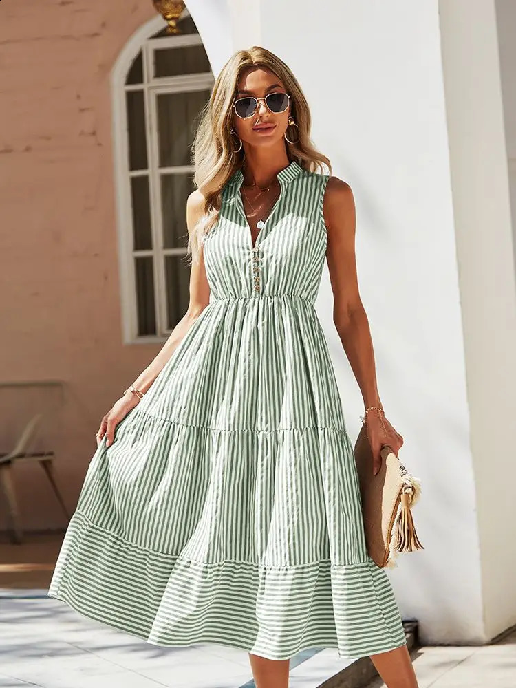 Ladies Vintage Boho Summer Dress Women Sleeveless Casual Holiday Striped Shirt Sundress Outfits Female Robe Vestidos 240329