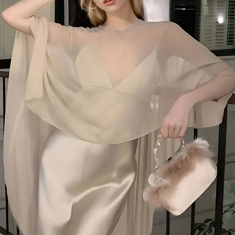Women Fashion Summer Poncho Tops Asymmetric Tulle Cape Coat Vintage Elegant Chiffon Long Shawl Wraps Evening Wedding Cover Up 241105