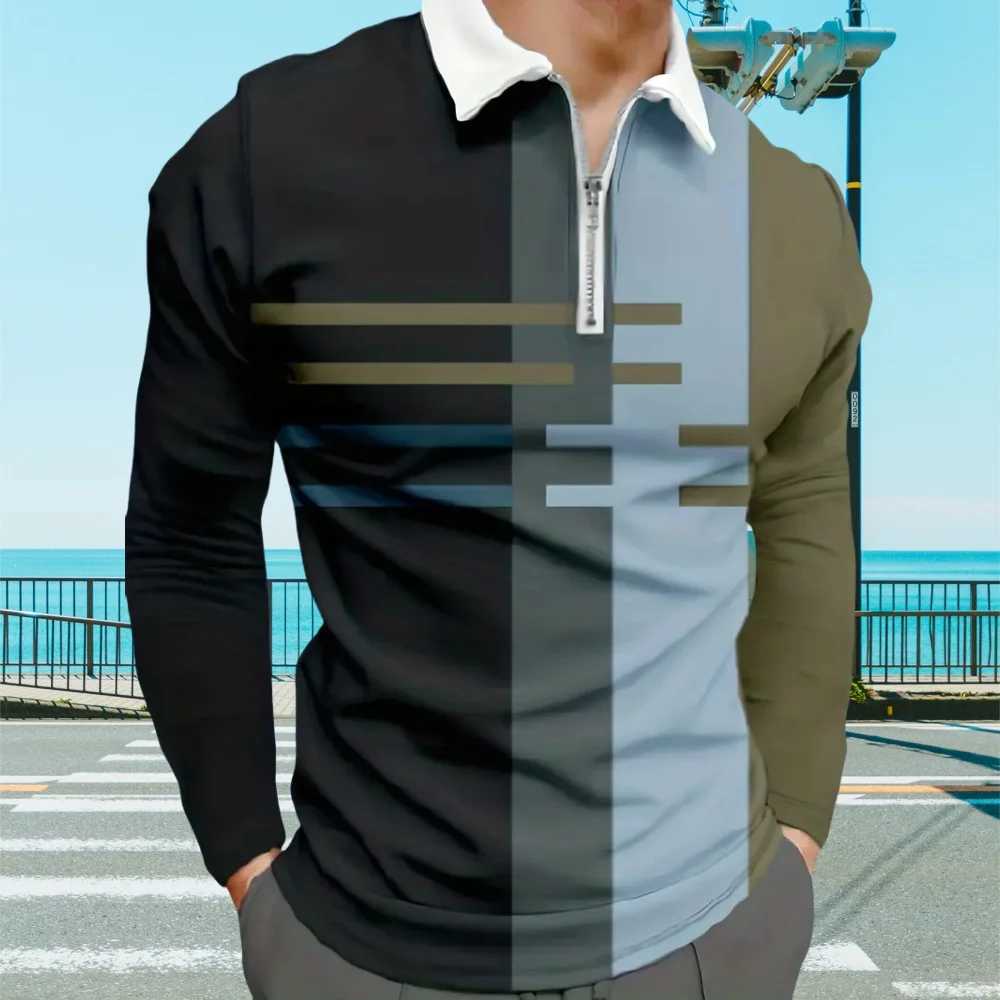 Mens shirt fashionable color block printing casual lapel clothing mens T-shirt top fashionable V-neck sports long Sve mens clothing W241106
