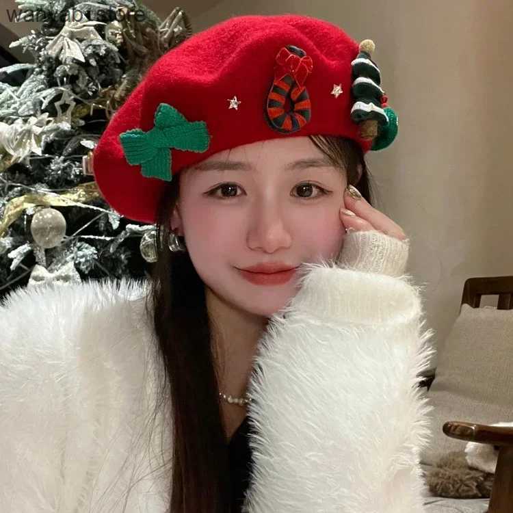 Wide Brim Hats Bucket Hats Women Christmas Beret Cap Red Green Beret Female Winter Headwear Xmas Party Dress Up New Year Gifts Girl Wool Christmas Hat