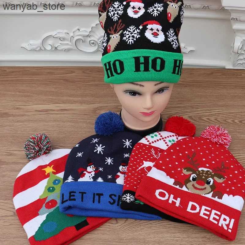 Wide Brim Hats Bucket Hats Knitted Christmas Hat Adult Child Santa Hat with LED Light New Year Party Kids Gift Navidad Natal Noel Christmas Decoration