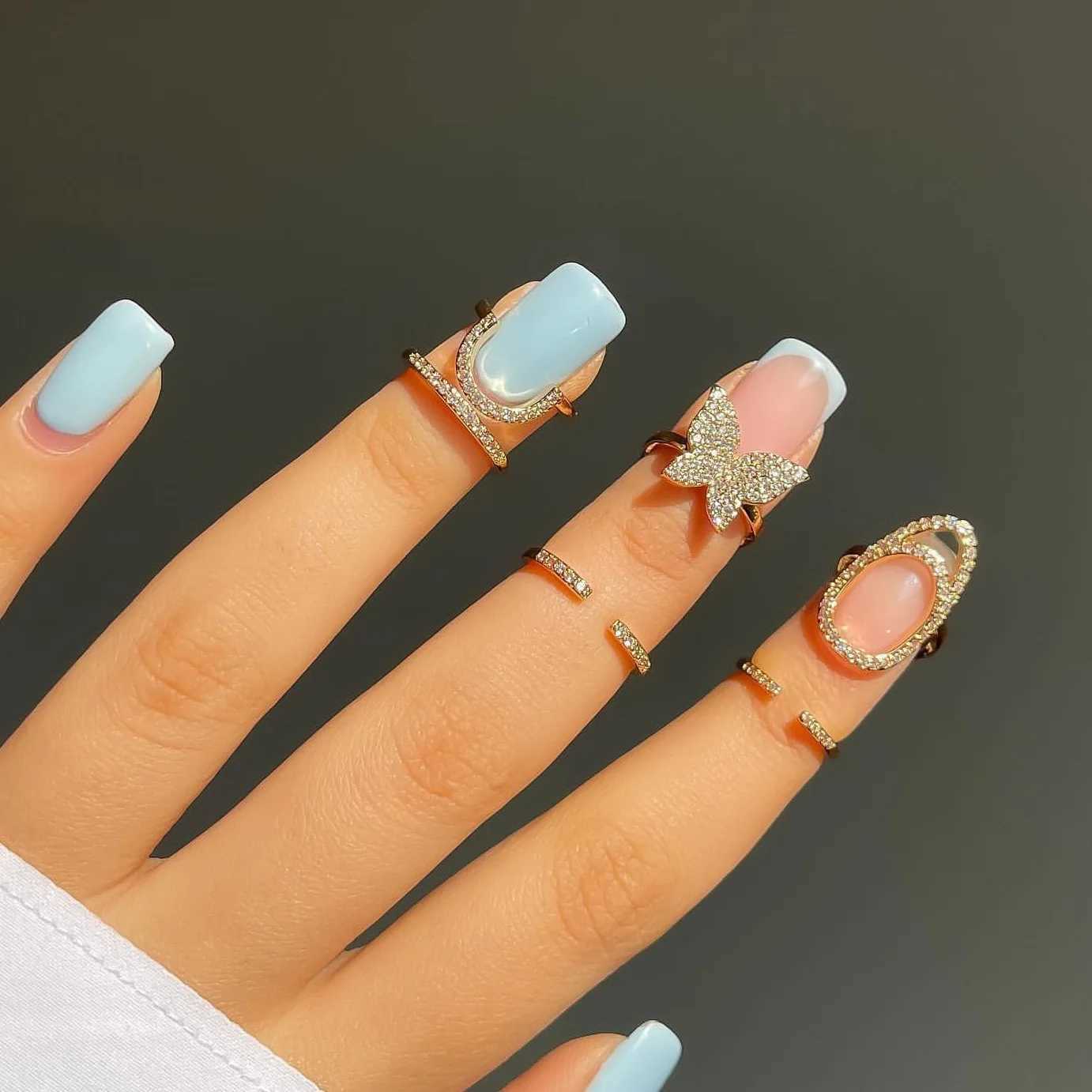 Fashionable Wens Crystal Nail Cover Ring Luxury Zircon Handle Fingertip Combined with Fake Nail Ring Wens Jewelry Gift X241106