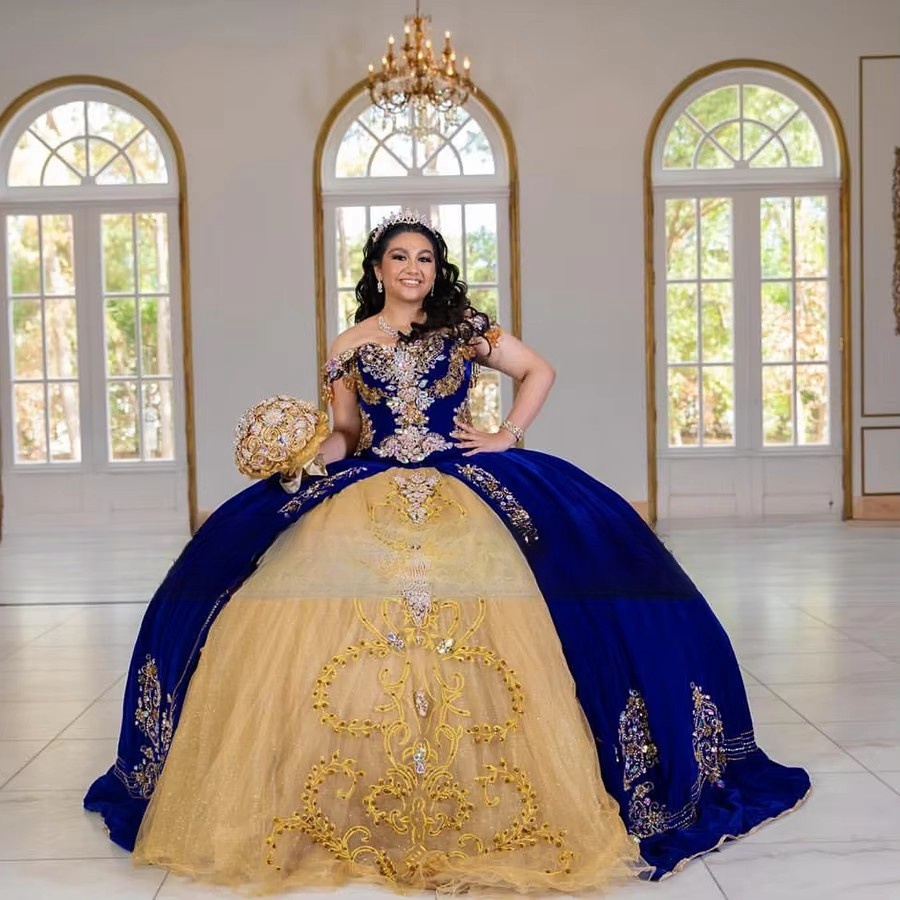 Royal Blue Quinceanera Dresses Veet Beads Crystal Sweet 16 Mexican Girls Prom Gowns Ruffles vestidos de 15 anos Custom Size