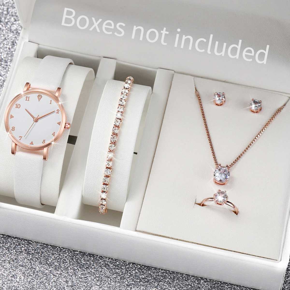 6-piece/set fashion leather strap quartz watch and diamond jewelry set X241106