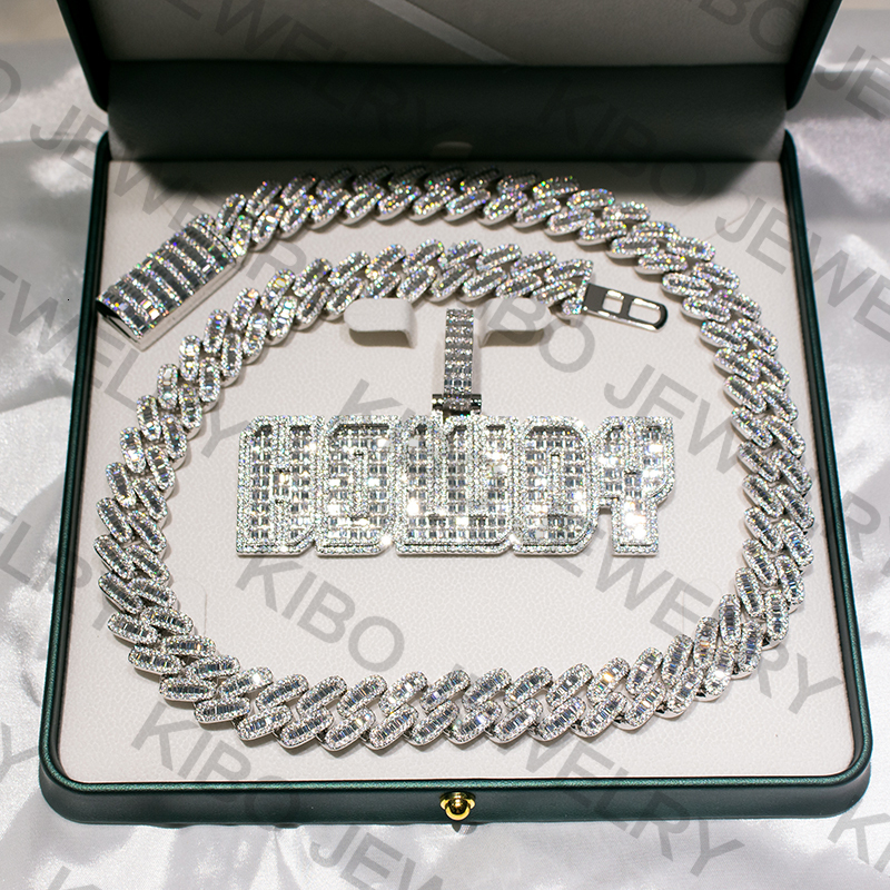 Chains Baguette Cut Dia 18mm Men Necklace Sier Iced Out VVS Moissanite Cuban k Chain