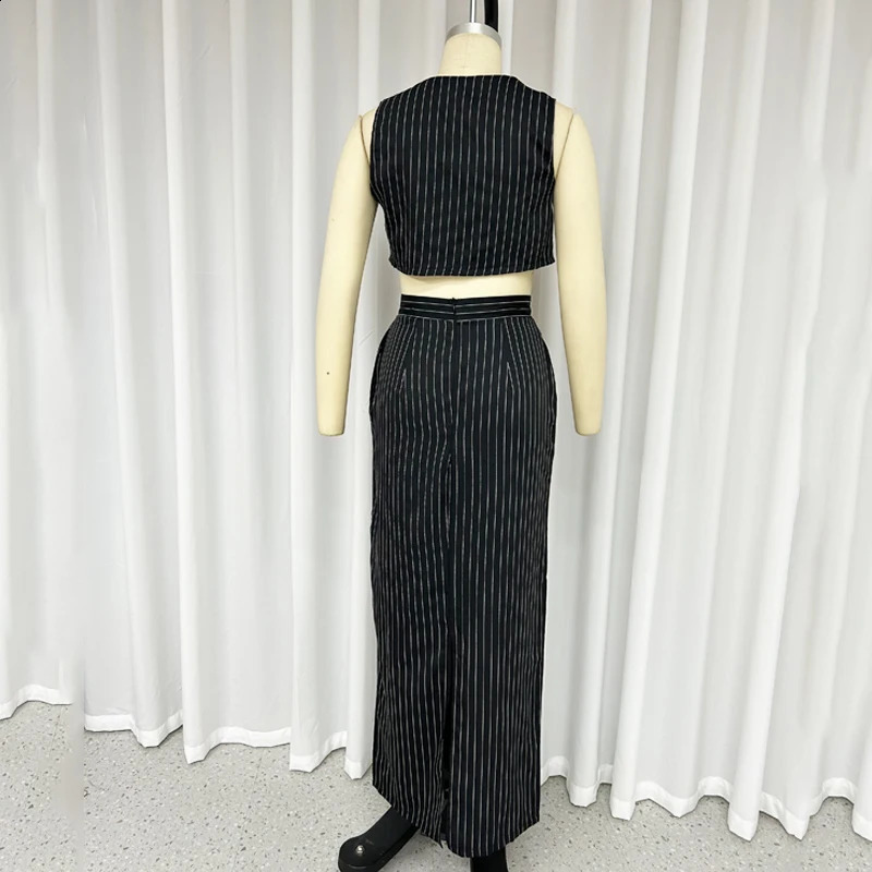 Wefads Two Piece Set Women Office Elegant Simple Striped Printed Sleeveless Single Breasted Button VestTop A Line Skirt Sets 240315