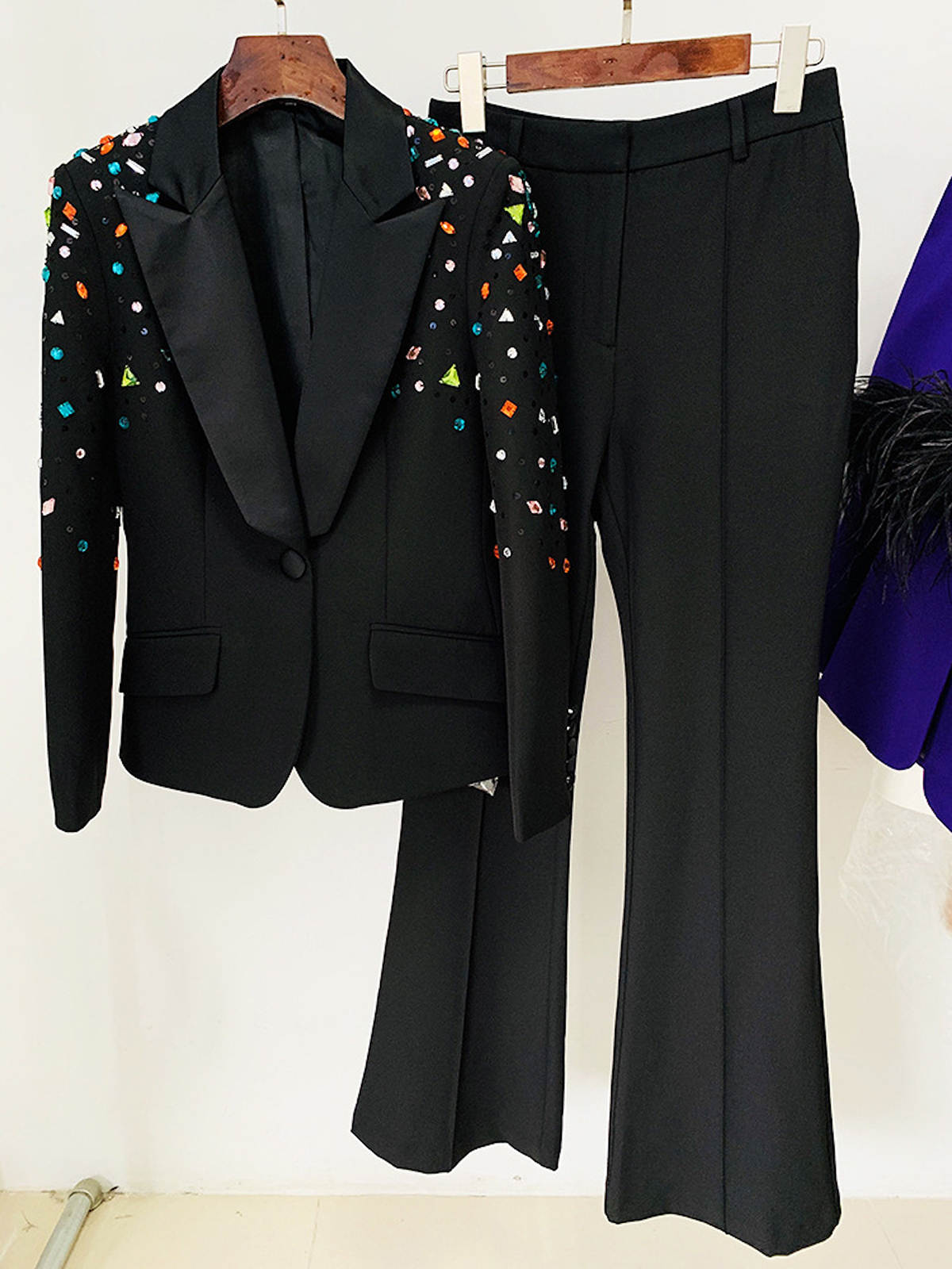 Classic Women Pant Suits Colorful Crystal Blazer Ladies Outfits Party Birthday Prom Blazer 2 Pieces Sets Mother Pants Suit