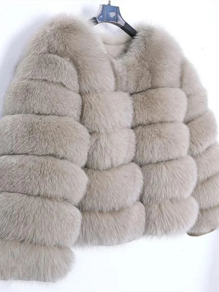 Elegant Faux Fur Short Coat Women Oneck Crop Long Sleeve Artificial Fox Fluffy Lady Jacket Autumn Winter Female Outwears 241104